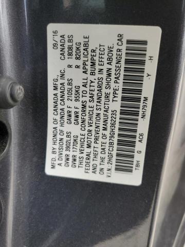 2HGFC3B79GH362235 - 2016 HONDA CIVIC EXL GRAY photo 12