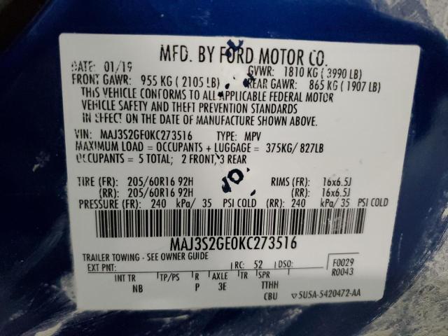 MAJ3S2GE0KC273516 - 2019 FORD ECOSPORT SE BLUE photo 12