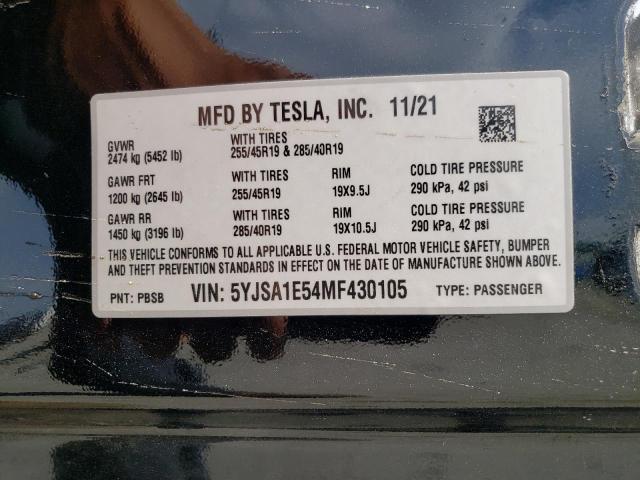 5YJSA1E54MF430105 - 2021 TESLA MODEL S 黑色 照片 12