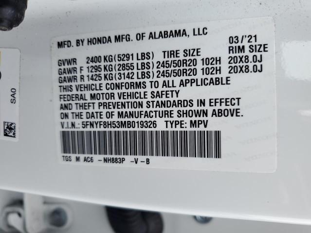 5FNYF8H53MB019326 - 2021 HONDA PASSPORT EXL თეთრი ფოტო 13