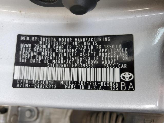 5YFBURHE0FP319558 - 2015 TOYOTA COROLLA L SILVER photo 12