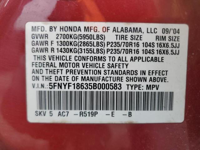 5FNYF18635B000583 - 2005 HONDA PILOT EXL RED photo 13