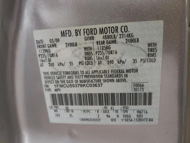 1FMCU59379KC03637 - 2009 FORD ESCAPE HYBRID SILVER photo 10