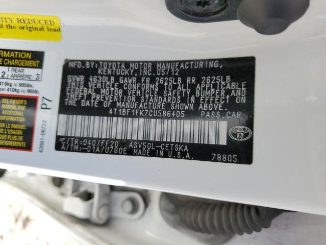 4T1BF1FK7CU586405 - 2012 TOYOTA CAMRY BASE WHITE photo 13