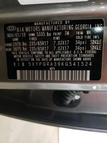 5XYPG4A39KG541524 - 2019 KIA SORENTO L GRAY photo 13