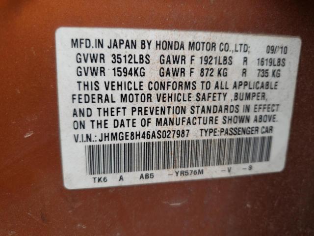 JHMGE8H46AS027987 - 2010 HONDA FIT SPORT ORANGE photo 12