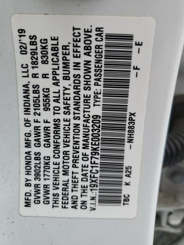 19XFC1F79KE003209 - 2019 HONDA CIVIC EXL თეთრი ფოტო 13