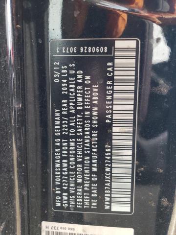 WVWBB7AJXCW274567 - 2012 VOLKSWAGEN GOLF BLACK photo 12