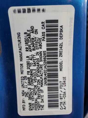 1NXBU4EE1AZ288285 - 2010 TOYOTA COROLLA BASE BLUE photo 12