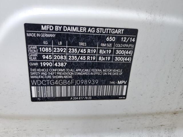 WDCTG4GB6FJ098939 - 2015 MERCEDES-BENZ GLA 250 4MATIC WHITE photo 13