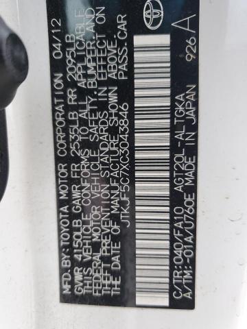 JTKJF5C7XC3043846 - 2012 TOYOTA SCION TC WHITE photo 12