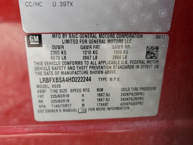 LRBFXBSA4HD222244 - 2017 BUICK ENVISION ESSENCE Կարմիր լուսանկար 12