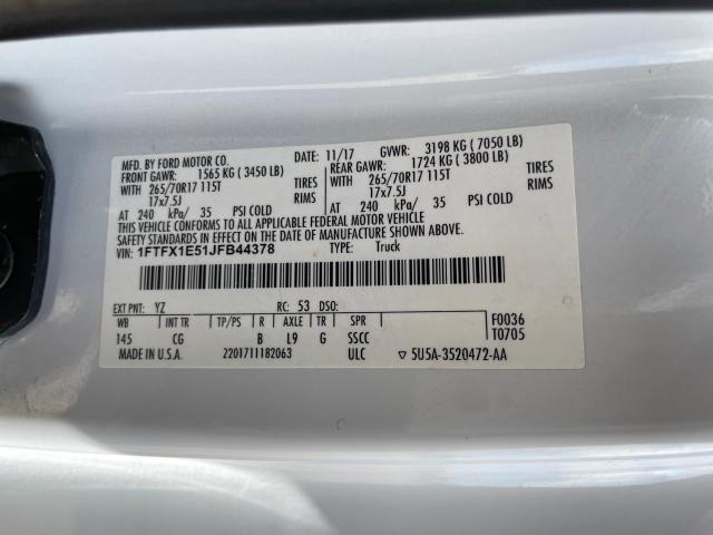 1FTFX1E51JFB44378 - 2018 FORD F150 SUPER CAB WHITE photo 10