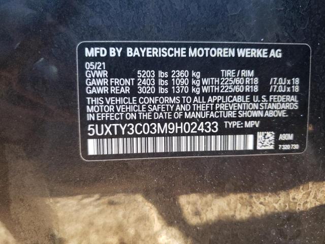 5UXTY3C03M9H02433 - 2021 BMW X3 SDRIVE30I BLACK photo 13