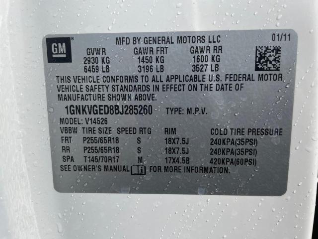 1GNKVGED8BJ285260 - 2011 CHEVROLET TRAVERSE LT WHITE photo 10