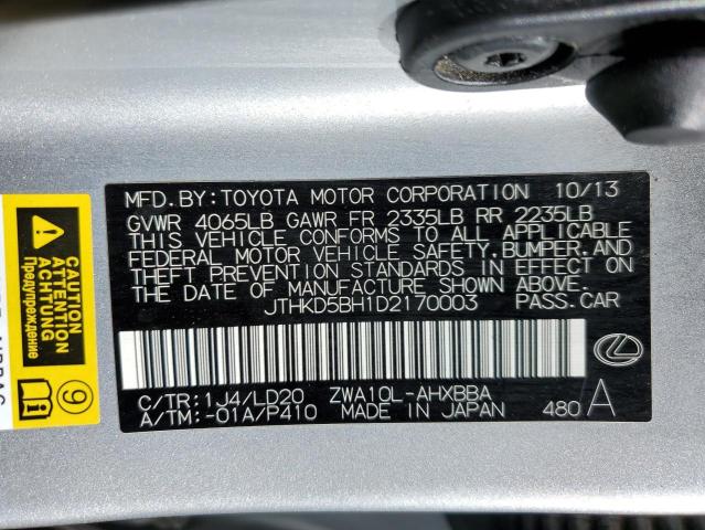 JTHKD5BH1D2170003 - 2013 LEXUS CT 200 SILVER photo 12