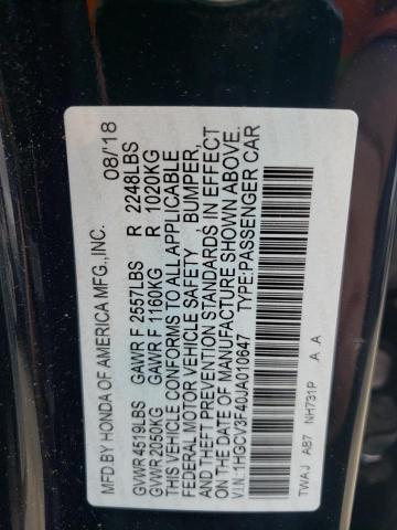 1HGCV3F40JA010647 - 2018 HONDA ACCORD HYBRID EX BLACK photo 12