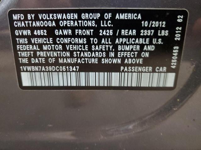 1VWBN7A39DC051347 - 2013 VOLKSWAGEN PASSAT SE GRAY photo 12