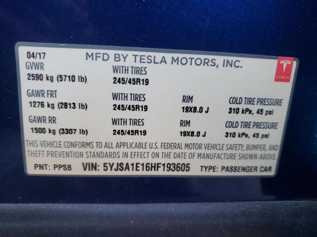 5YJSA1E16HF193605 - 2017 TESLA MODEL S Կապույտ լուսանկար 12