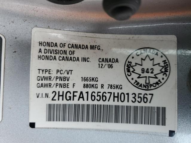 2HGFA16567H013567 - 2007 HONDA CIVIC LX SILVER photo 13