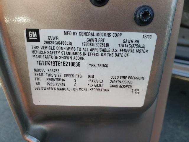 1GTEK19T61E210836 - 2001 GMC NEW SIERRA K1500 TAN photo 12