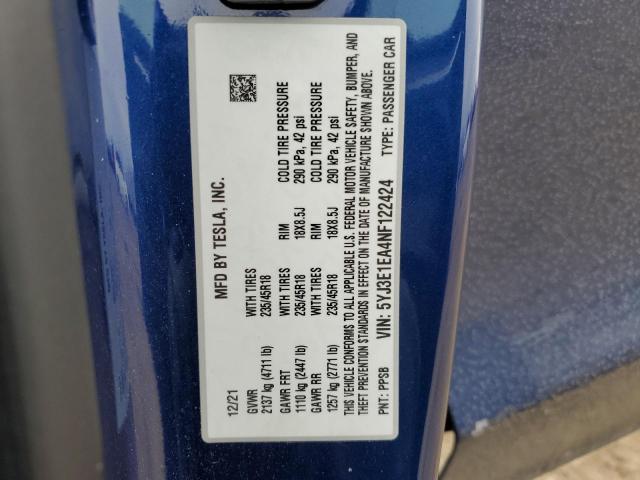 5YJ3E1EA4NF122424 - 2022 TESLA MODEL 3 BLUE photo 12