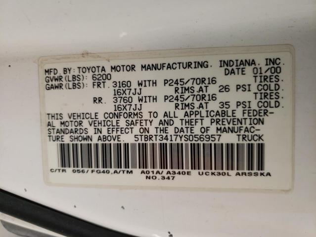 5TBRT3417YS056957 - 2000 TOYOTA TUNDRA ACCESS CAB თეთრი ფოტო 12