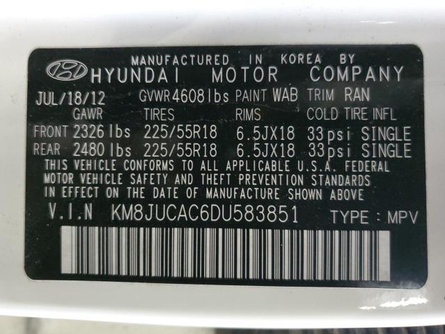 KM8JUCAC6DU583851 - 2013 HYUNDAI TUCSON GLS WHITE photo 12