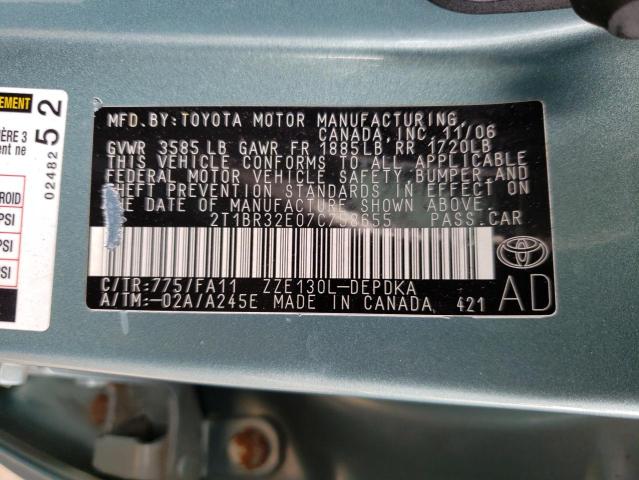 2T1BR32E07C758655 - 2007 TOYOTA COROLLA CE TURQUOISE photo 12