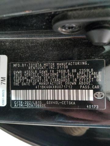 4T1BK46KX8U071712 - 2008 TOYOTA CAMRY LE BLACK photo 12