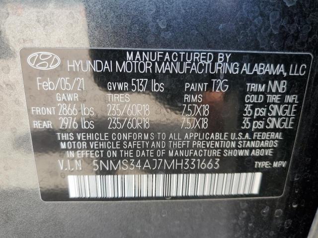 5NMS34AJ7MH331663 - 2021 HYUNDAI SANTA FE SEL Մոխրագույն լուսանկար 13