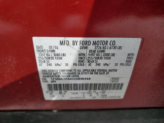 1FM5K7F84GGB96544 - 2016 FORD EXPLORER LIMITED RED photo 13