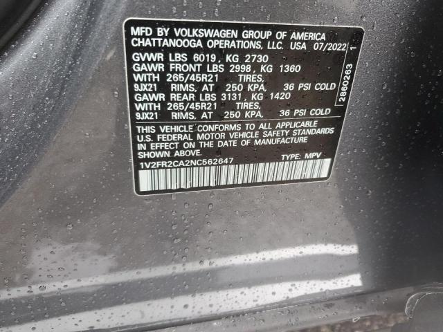 1V2FR2CA2NC562647 - 2022 VOLKSWAGEN ATLAS SEL PREMIUM R-LINE GRAY photo 14