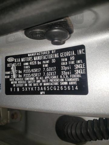 5XYKT3A65CG265614 - 2012 KIA SORENTO BASE SILVER photo 10