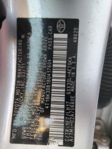 4T1BK3DB1BU417604 - 2011 TOYOTA AVALON BASE 银色 照片 12