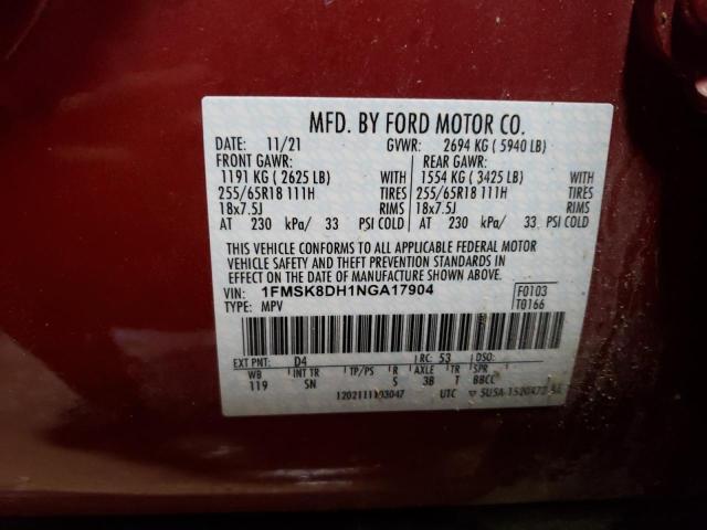 1FMSK8DH1NGA17904 - 2022 FORD EXPLOR XLT RED photo 12