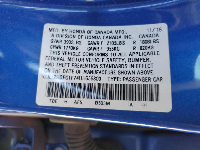 2HGFC1F74HH636800 - 2017 HONDA CIVIC EXL ლურჯი ფოტო 13