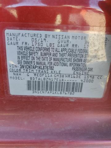 3N1CN7AP1KL876782 - 2019 NISSAN VERSA S RED photo 12