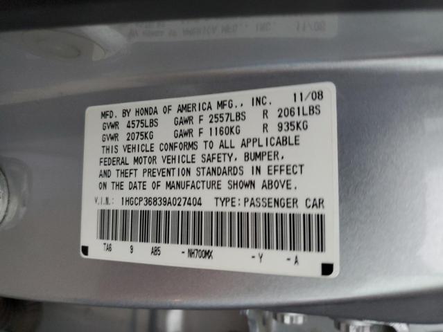 1HGCP36839A027404 - 2009 HONDA ACCORD EXL SILVER photo 12