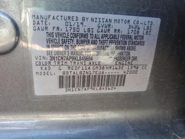 3N1CN7AP9KL845604 - 2019 NISSAN VERSA S GRAY photo 12