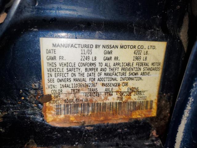 1N4AL11D36N342367 - 2006 NISSAN ALTIMA S BLUE photo 12