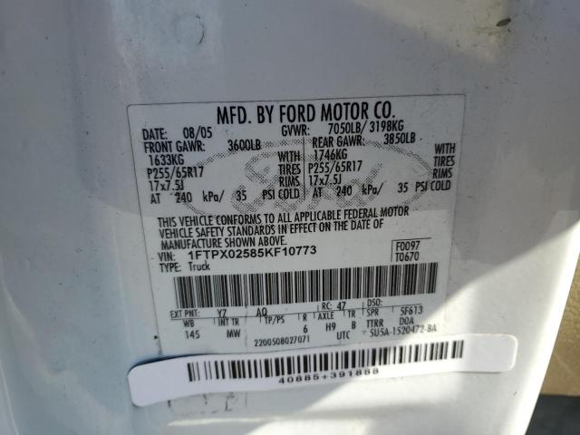 1FTPX02585KF10773 - 2005 FORD F150 WHITE photo 12