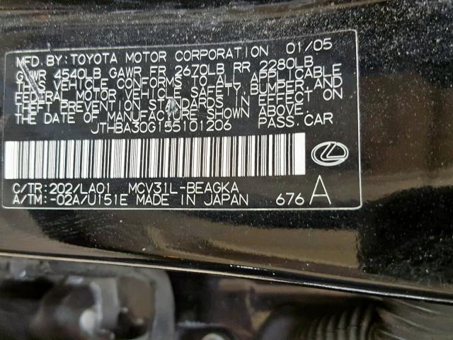 JTHBA30G155101206 - 2005 LEXUS ES 330 BLACK photo 10