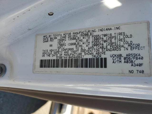 5TBBT44104S448647 - 2004 TOYOTA TUNDRA ACCESS CAB SR5 WHITE photo 13