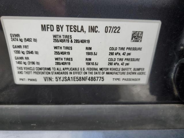 5YJSA1E58NF486775 - 2022 TESLA MODEL S SILVER photo 13