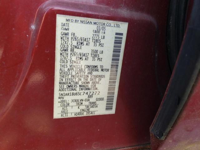 5N1AR18U65C747272 - 2005 NISSAN PATHFINDER LE BURGUNDY photo 13