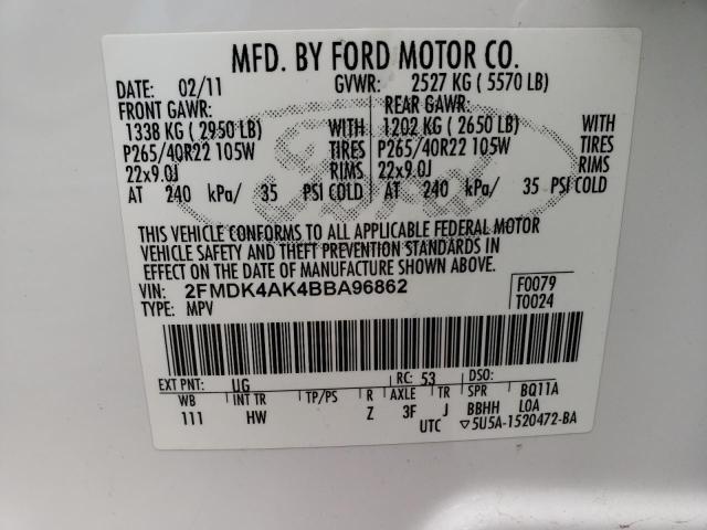 2FMDK4AK4BBA96862 - 2011 FORD EDGE SPORT WHITE photo 13