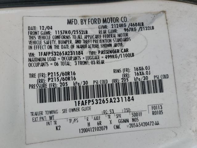 1FAFP53265A231184 - 2005 FORD TAURUS SE WHITE photo 12