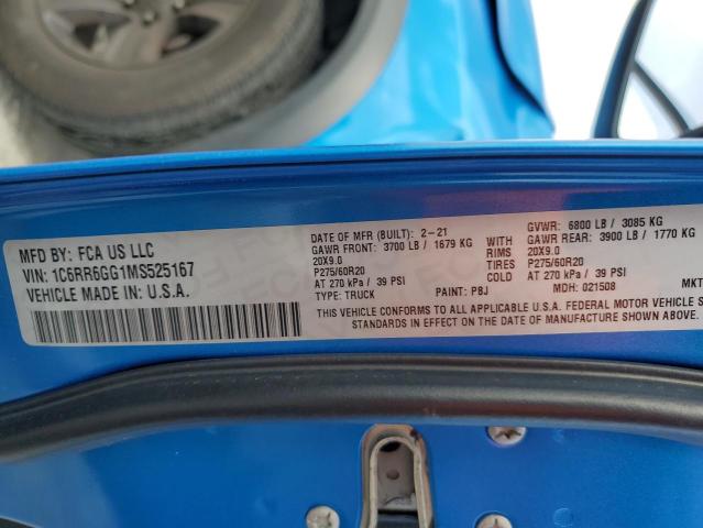 1C6RR6GG1MS525167 - 2021 RAM 1500 CLASS SLT 蓝色 照片 12