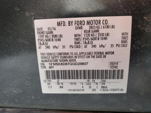 1FM5K8D87GGD29807 - 2016 FORD EXPLORER XLT GRAY photo 12